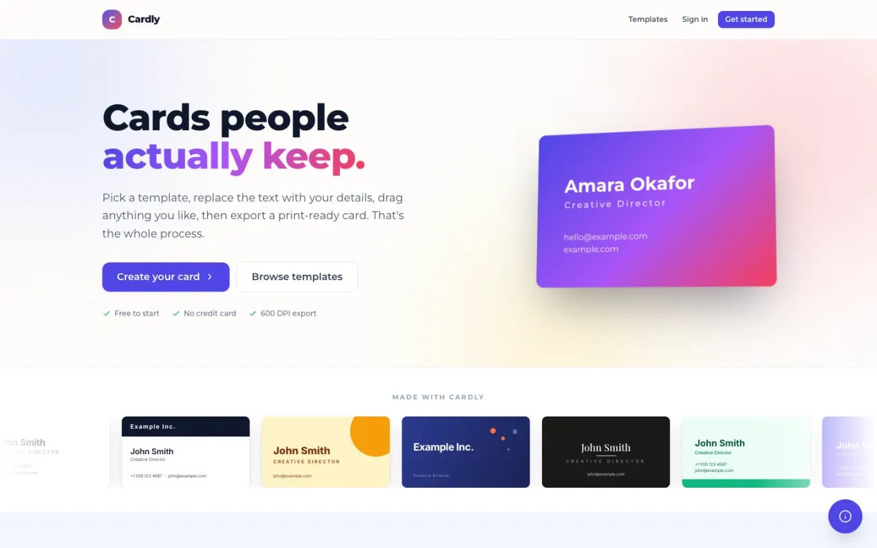Landing page with live examples made in Cardly.
